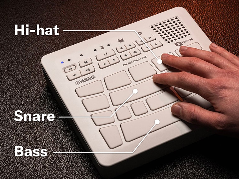 FGDP and a hand. Diagram indicating Hi-hat, Snare, Bass pad location