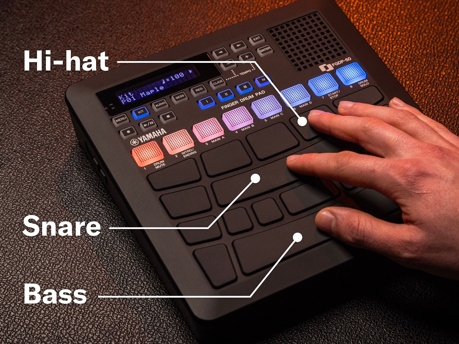 FGDP and a hand. Diagram indicating Hi-hat, Snare, Bass pad location