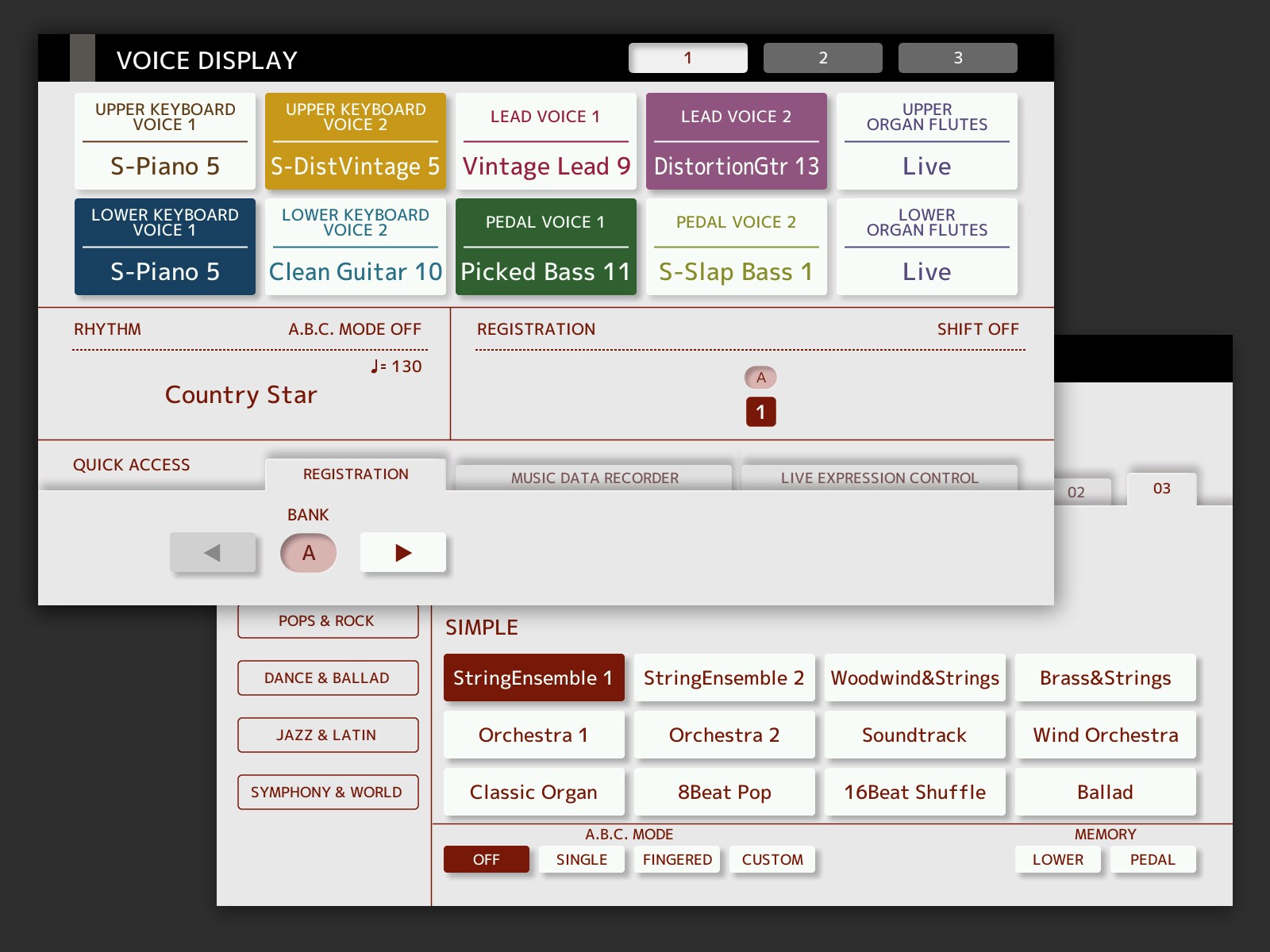 Electone screen displaying tone, rhythm, and registration menu options.